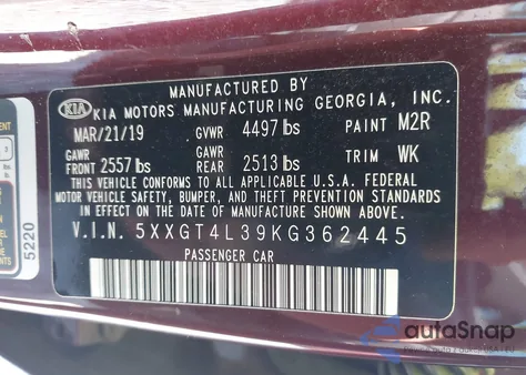 2019 Kia Optima Lx from USA, damaged, VIN 5XXGT4L39KG362445
